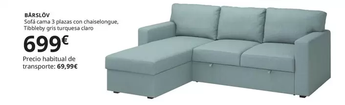 Bårslöv - Sofá Cama 3 Plazas Con Chaiselongue, Tibbleby Gris Turquesa Claro