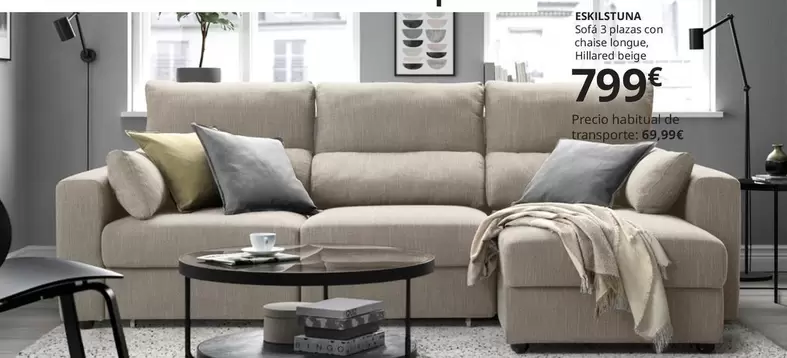 Eskilstuna - Sofá 3 Plazas Con Chaiselongue, Hillared Beige