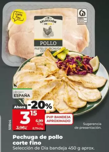 Selección De Dia - Pechuga De Pollo Corte Fino Bandeja 450 G Aprox.