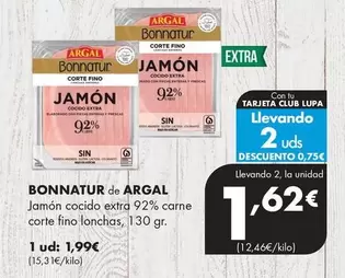 Argal - Bonnatur De Jamon Cocido Extra 92% Carne Corte Fino Lonchas