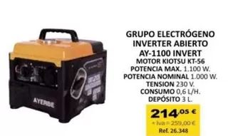 Ayerbe - Grupo Electrógeno Inverter Abierto Ay-1100 Invert Motor Kiotsu Kt-56 Potencia Max