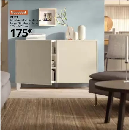 Besta - Mueble Salón, Krukmakare Beige/Stubbarp Blanco, 120x42x74 Cm
