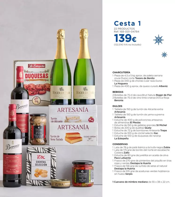 Cesta 1 Charcuteria, Bebidas, Dulces, Conservas