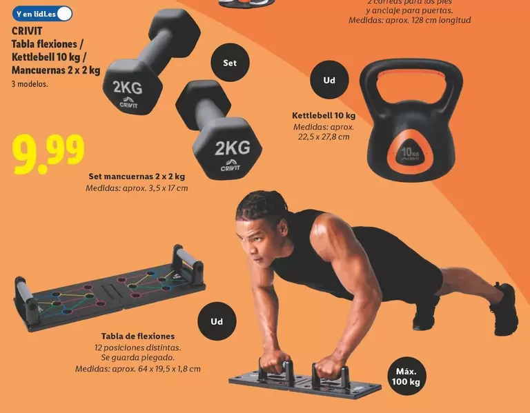 Crivit - Tabla Flexiones/ Kettlebell 10 Kg/ Mancuernas 2 X 2 Kg