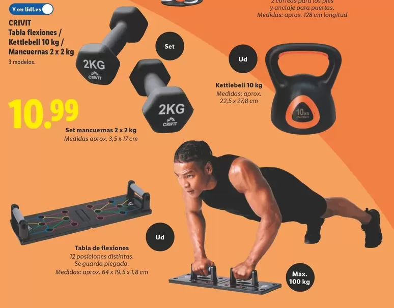Crivit - Tabla Flexiones / Kettlebell 10 Kg/ Mancuernas 2 X 2 Kg