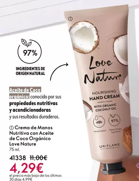 Oriflame - Crema De Manos Nutritiva Con Aceite De Coco Organico Love Nature