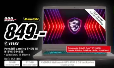 MSI - Portátil Gaming Thin 15 B13VE-2446ES