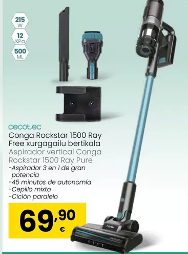 Cecotec - Aspirador Vertical Conga Rockstar 1500 Ray Pure
