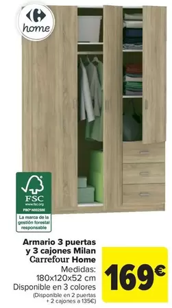 Carrefour Home - Armario 3 Puertas Y 3 Cajones Milan