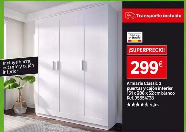 Blanco - Armario Classic 3 Puertas Y Cajon Interior