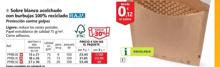 Raja - Sobre Blanco Acolchado Con Burbujas 100% Reciclado