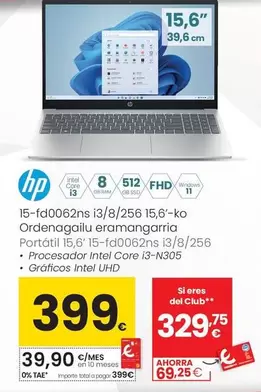 HP - Portatil 15,6' 15-fd006ns I3/ 8/ 256