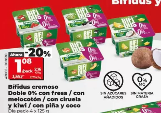 Dia - Bifidus Cremoso Doble 0% Con Fresa / Con Melocoton / Con Ciruela Y Kiwi / Con Pina Y Coco