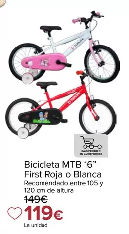 Bicicleta Mtb 16" First Roja O Blanca