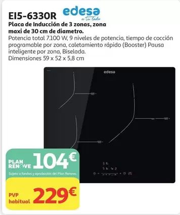 Edesa - Placa De Inducción De 3 Zonas, Zona Maxi De 30 Cm De Diamerto