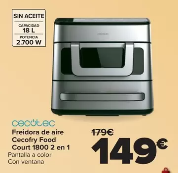 Cecotec - Freidora De Aire Cecofry Food Court 1800 2 En 1
