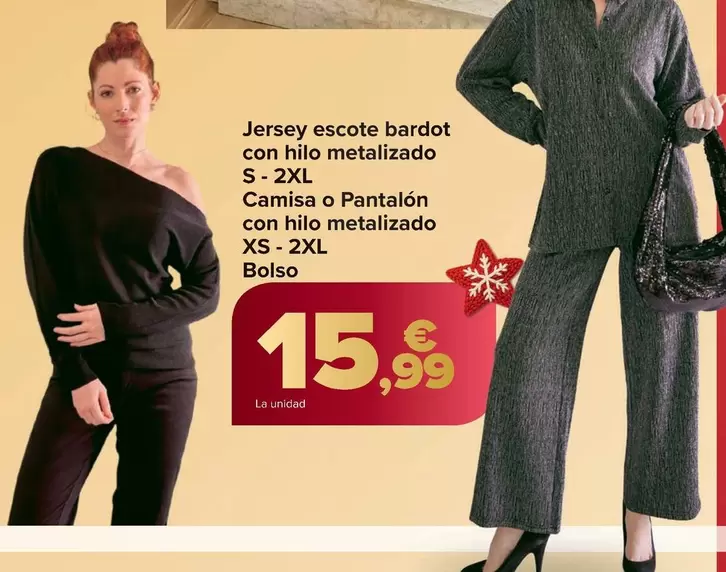 TEX - Jersey Escote Bardot Con Hilo Metalizado S-2XL Camisa O Pantalón Con Hilo Metalizado XS-2XL Bolso