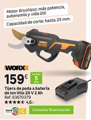 worx - Tijera De Poda A Bateria De Ion Litio 20 V 2 Ah