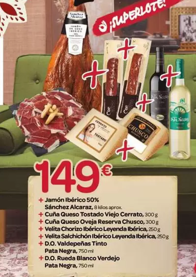 Jamon Iberico 50% + Cuña Queso Tostado Viejo + Cuña Queso + Cunas Queso Oveja Reserva Chusco + Velita Chorizo Ibérico Leyenda Ibérica, 250g +Velita Salchichón Ibérico Leyenda Ibérica, 250g + D.O. Valdepeñas Tinto Pata Negra, 750 Ml + D.O. Rueda Blanco Ve