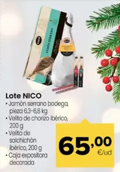 Nico - Lote Jamon Serrano Bodega, Velita De Chorizo Iberico, Velita De Salchicon Iberico, Caja Expositora Decorada