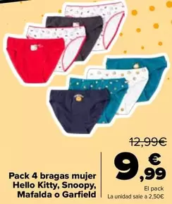 Pack 4 Bragas Mujer Hello Kitty Snoopy Mafalda O Garfield