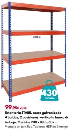 Estantería Stabil Acero Galvanizado 4 Baldas, 2 Posiciones: Vertical O Banco De Trabajo