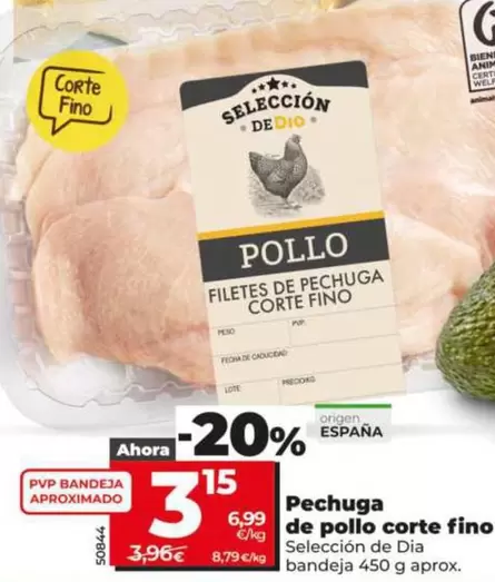 Seleccion De Dia - Pechuga De Pollo Corte Fino Bandeja 450 G Aprox.