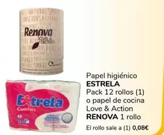 Estrela / Renova - Papel Higienico , Pack 12 Rollos O Papel De Cocina Love & Action 1 Rollo