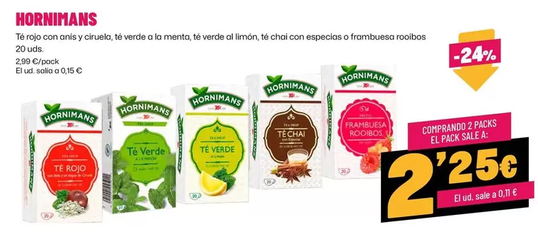 Hornimans - Té Rojo Con Anís Y Ciruela, Té Verde A La Menta, Té Verde Al Limón, Té Chai Con Especias O Frambuesa Rooibos
