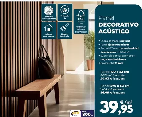 Panel Acústico Barnizado - Nogal 270x52x2,1cm