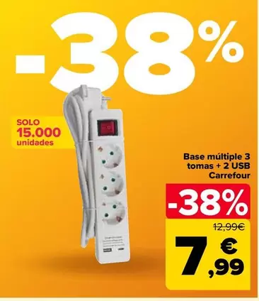 Carrefour - Base Multiple 3 Tomas + 2 Usb