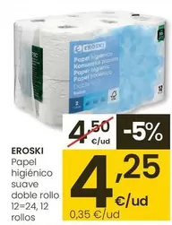 Eroski - Papel Higiénico Suave Doble Rollo 12=24