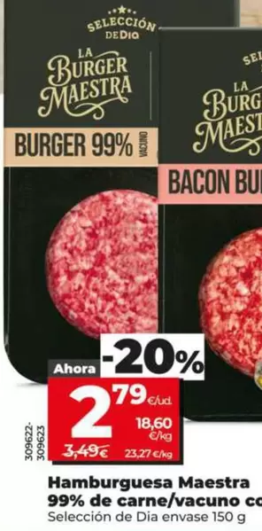 Seleccion De Dia - Hamburguesa Maestra 99% De Carne/ Vacuno Con Bacon 