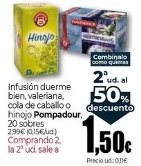 Pompadour - Infusions Duerme Bien, Valeriana, Cola De Caballo O Hinojo, 20 Sobres