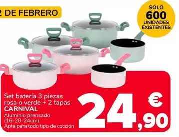 Carnival - Set Batería 3 Piezas Rosa O Verde + 2 Tapas