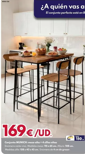 Munich - Conjunto: Mesa Alta + 4 Sillas Altas