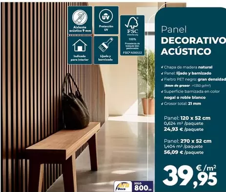 Panel Acústico Barnizado - Nogal 120x52x2,1cm