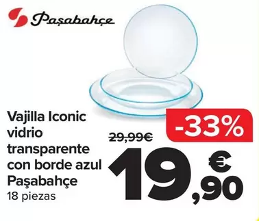 Pasabahce - Vajilla Iconic Vidrio Transparente Con Borde Azul 