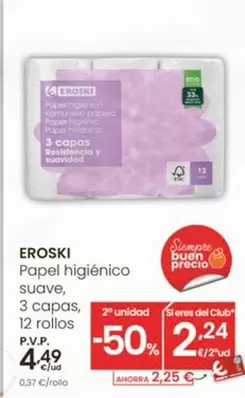 Eroski - Papel Higienico Suave, 3 Capas, 12 Rollos