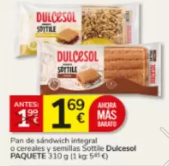 Dulcesol - Pan De Sandwich Integral O Cereales Y Semillas Sottile Paquete