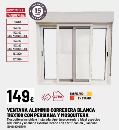 Ideal - Ventana Aluminio Corredera Blanca 116x100 Con Persiana Y Mosquitera