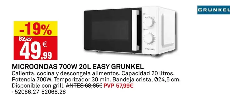 Grunkel - Microondas 700W 20L Easy Grunkel