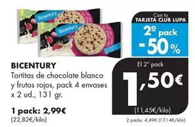 Bicentury - Tortitas De Chocolate Blanco Y Frutos Rojos, Pack 4 Envases X 2 Ud., 131 Gr