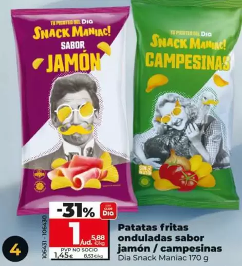 Dia Snack Maniac - Patatas Fritas Onduladas Sabor Jamón/Campesinas
