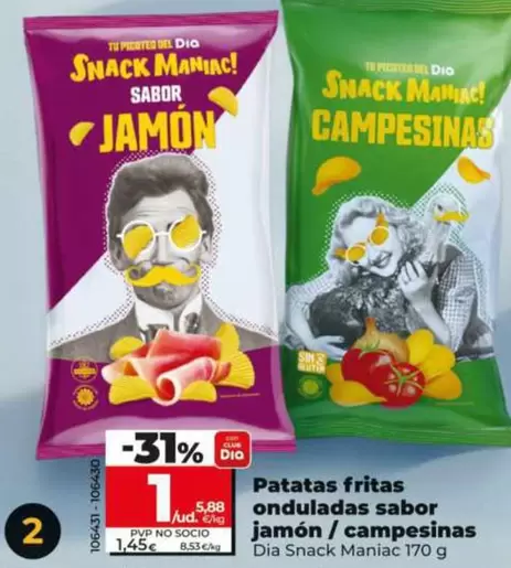 Dia Snack Maniac - Patatas Fritas Onduladas Sabor Jamón/Campesinas