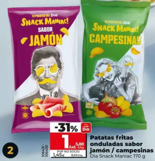 Dia Snack Maniac - Patatas Fritas Onduladas Sabor Jamón/Campesinas