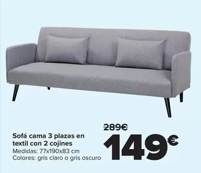 Sofá Cama 3 Plazas En Textil Con 2 Cojines