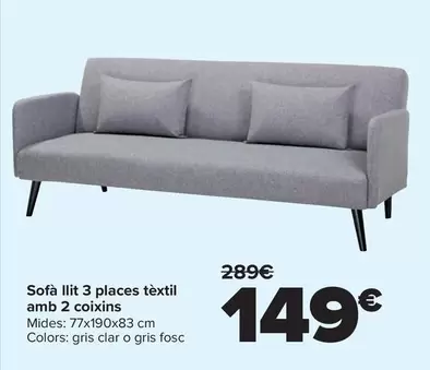 Sofá Cama 3 Plazas En Textil Con 2 Cojines