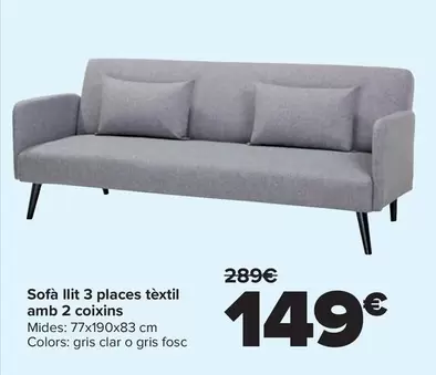 Sofá Cama 3 Plazas En Textil Con 2 Cojines