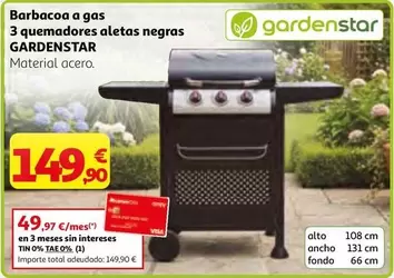 Gardenstar - Barbacoa A Gas 3 Quemadores Aletas Negras